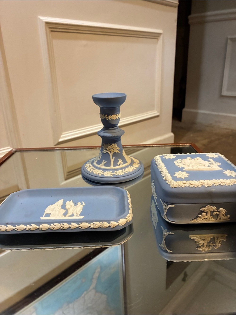 Wedgwood Blue and White Jasperware Trinket Box, Tray & Candlestick